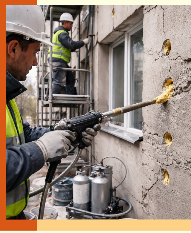 Заполнение пустот в фасаде и утепление стен в Ейске